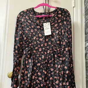 NEW ZARA Black Rose Floral Satin Feel Long Sleeve Mini Dress M